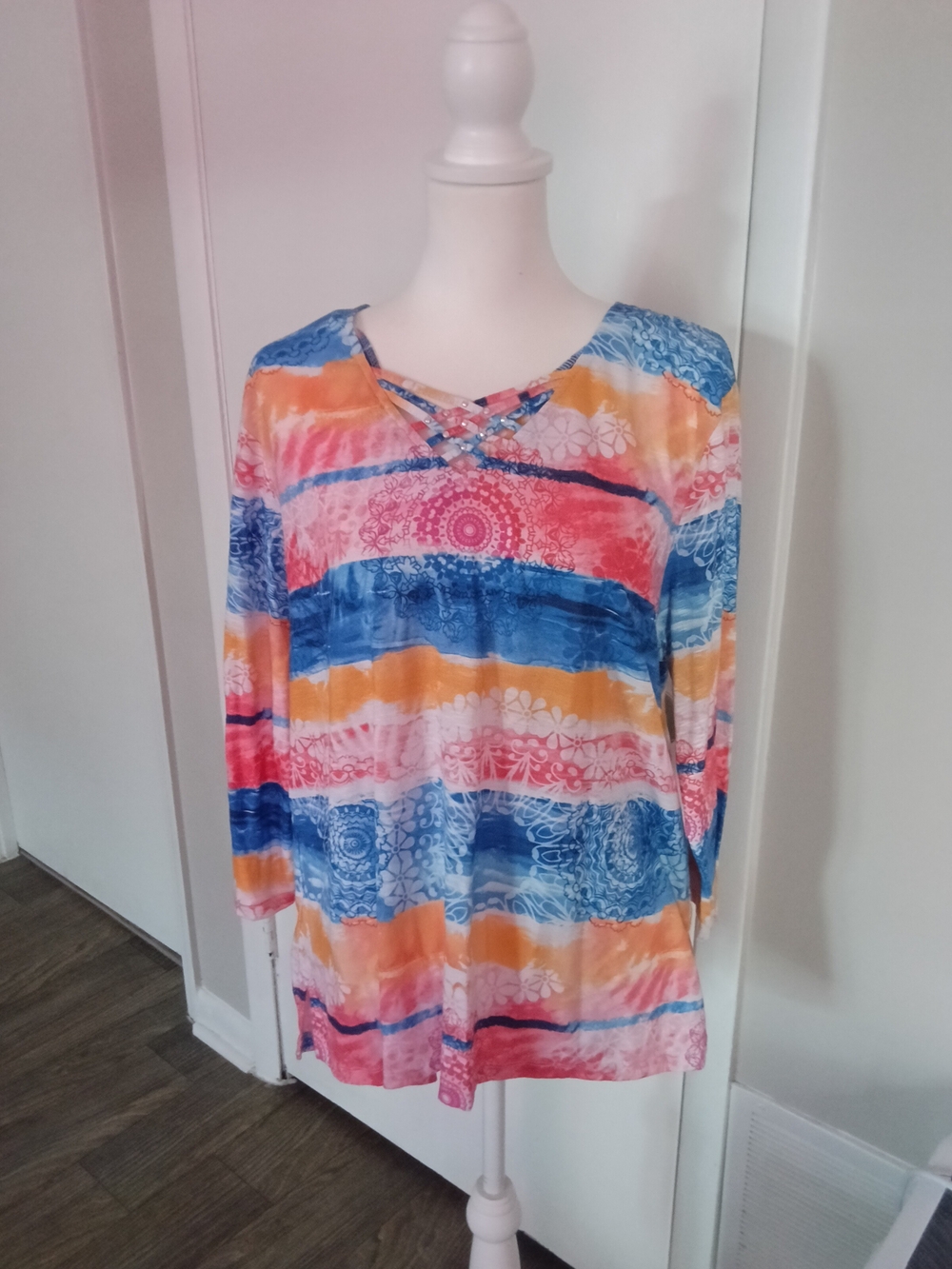 Alfred Dunner Multicolor Striped Crisscross Neck Long Sleeve Top